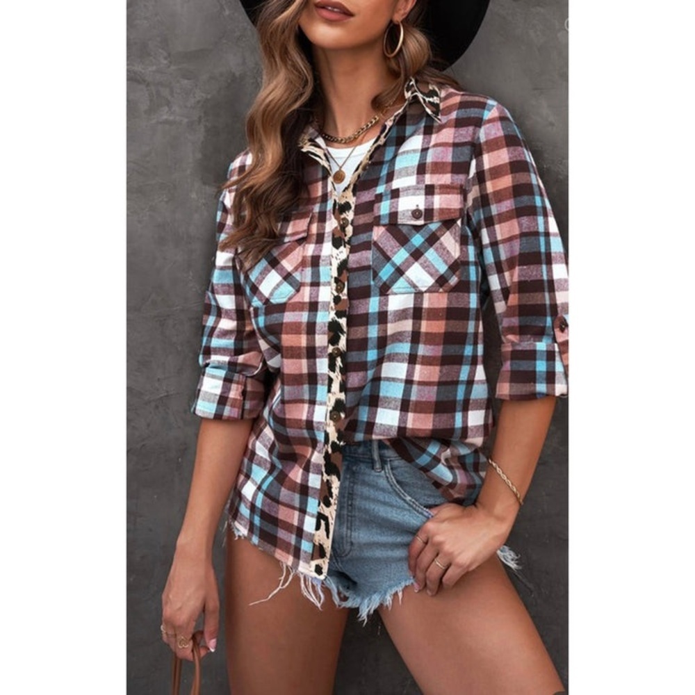 Western Plaid & Leopard Trim Button Down Top Womens Medium Coastal Cowgirl NEW - Picture 2 of 8